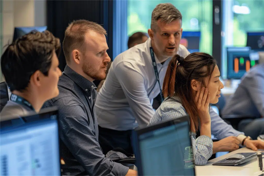 Quatre experts en cybersécurité analysent un audit de sécurité informatique autour d’un ordinateur, dans le cadre d’un conseil pour la protection des systèmes d’information.