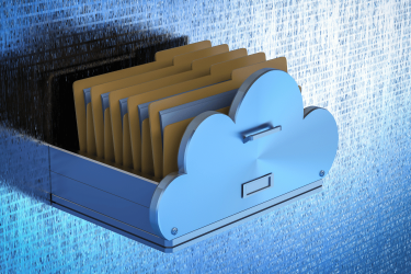 Sauvegarde cloud sécurisée Illustration d’un stockage cloud avec des dossiers, symbolisant la sauvegarde des données et la continuité d’activité informatique